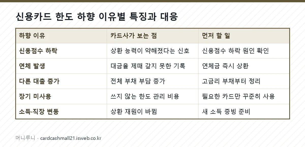 신용카드 한도 하향 이유 신용카드 한도 하향 이유별 특징과 대응